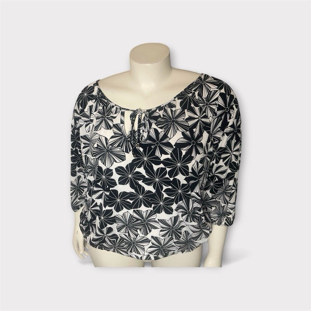 Lane Bryant Women’s Blouse 18/20 Black White Floral Stretch‎ Boho Chic Work